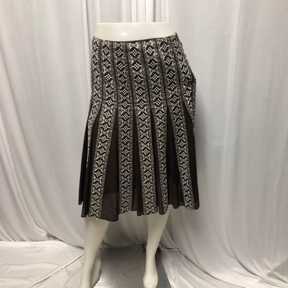 Ann Taylor Skirt Womens Size 6 Brown White Embroidered Lightweight Lined Pleated